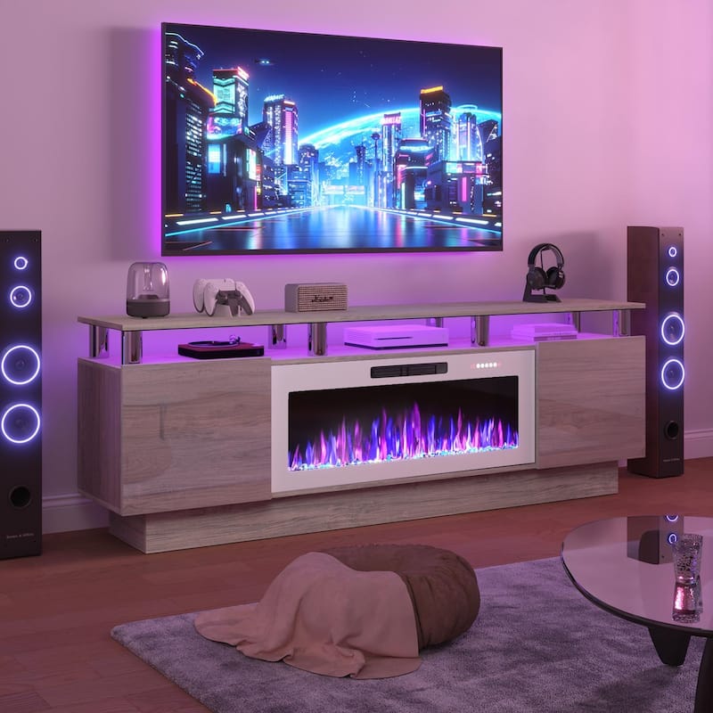 BOSSIN 70" Modern Electric Fireplace TV Stand, with Electronic Flame and LED Lights, High Gloss Finish Entertainment Center - New Grey
