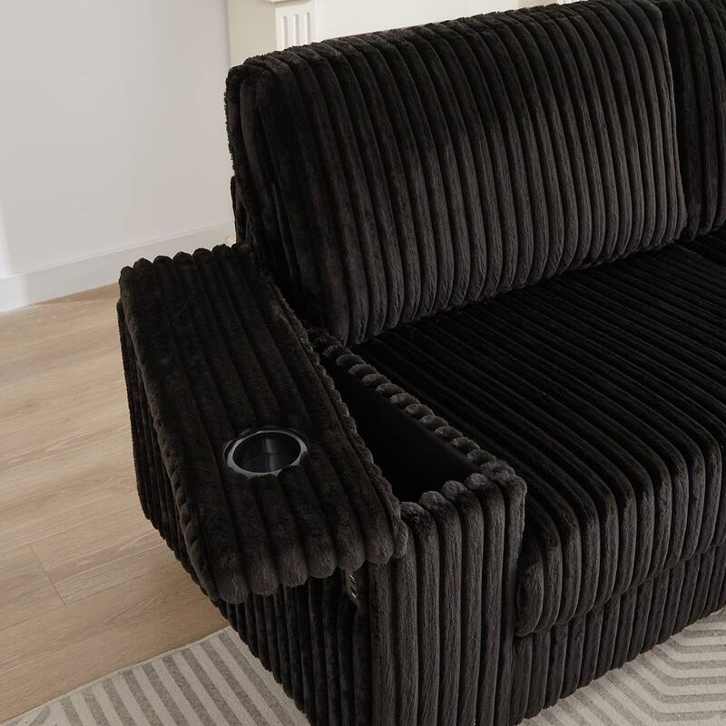 110" Corduroy L-Shaped Sectional Sofa with Storage, USB Charging and Cup Holders