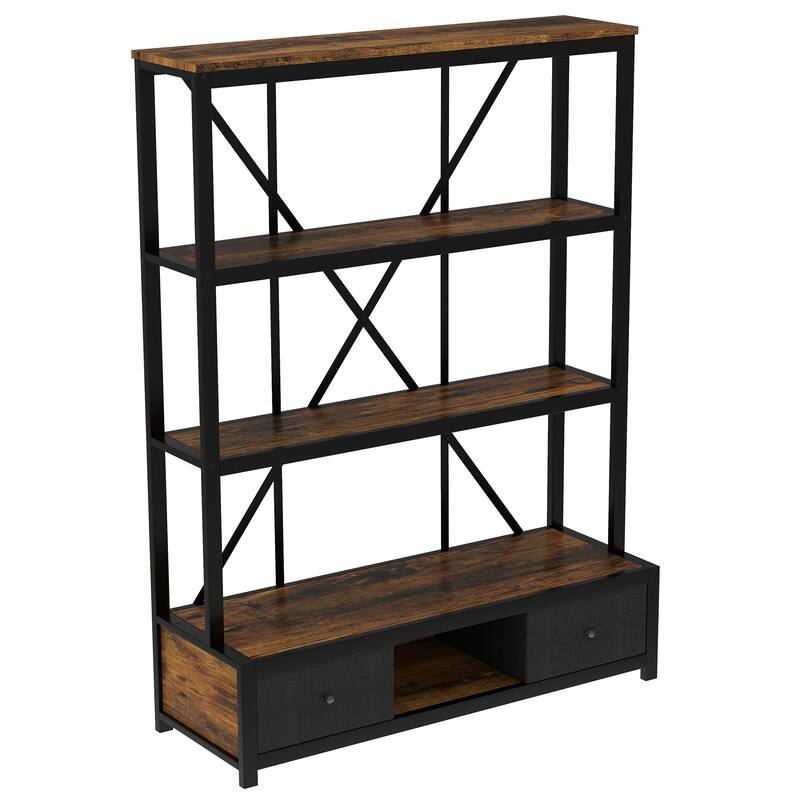 3-Shelf Metal Bookcase with Drawers for Home Office, Open Bookcase, Vintage Industrial Style Bookcase with LED