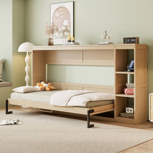 Twin Size Wooden Murphy Bed with Bookshelf