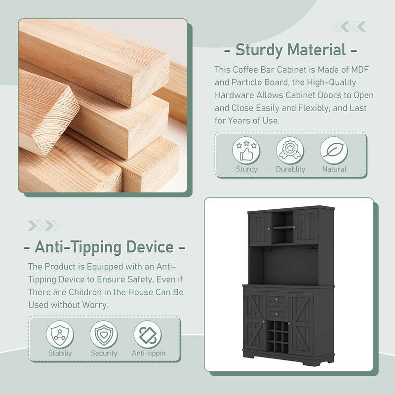 Farmhouse Coffee Bar Cabinet with Shelves and Cabinets, Wine Cabinet with Glass Racks, Sideboard Buffet Cabinet, Pantry Cabinet