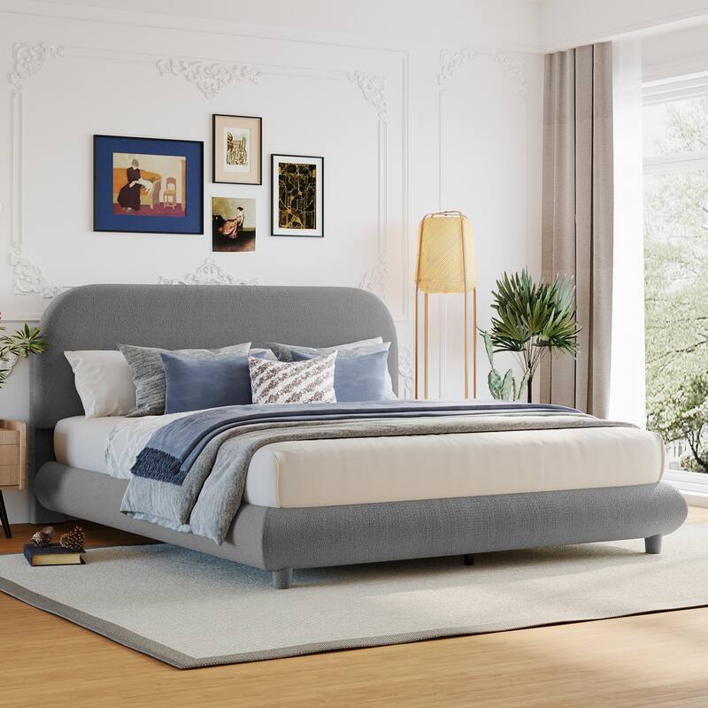 Queen Size Curve-shaped Teddy Fleece Upholstered Platform Bed Thick Fabric Low Profile Bed Solid Wood Frame, Gray - Gray - Queen