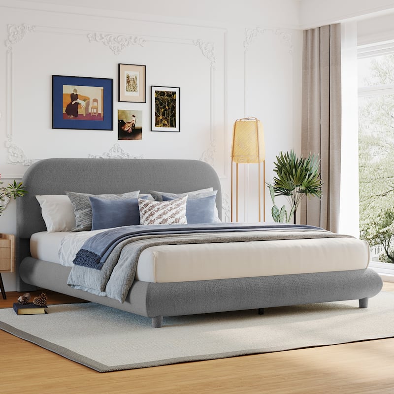 Queen Size Upholstered Platform Bed with Curve-shaped Design and Teddy Fleece Fabric, Gray - Gray