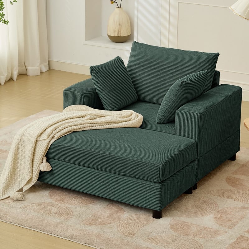 Mixoy 50 "D Sofa Chair with Ottoman, 2 Cushions, Large Corduroy Upholstered Comfy Chaise Lounge Deep Seat Sleeper Chair Indoor - Single Sofa Chair - Green