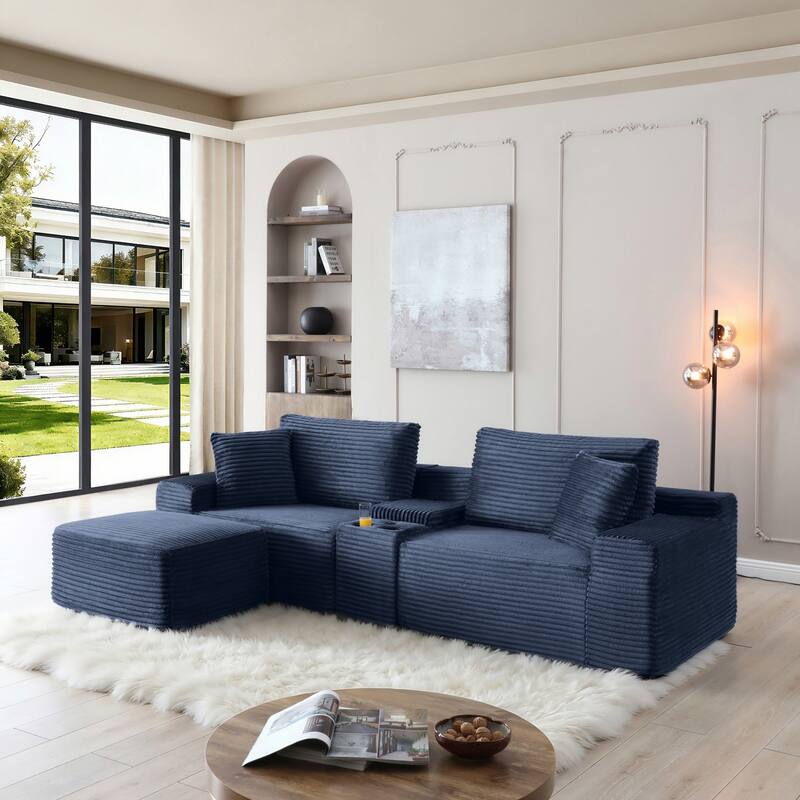 111" L-Shaped Corduroy Boneless Sectional Sofa with Ottoman