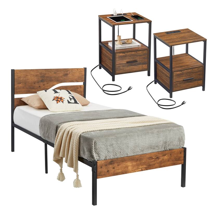 3-pieces Bedroom Set Platform Bed Frame Set of 2 Nightstands with Charging Station USB Port - Brown Set - Twin