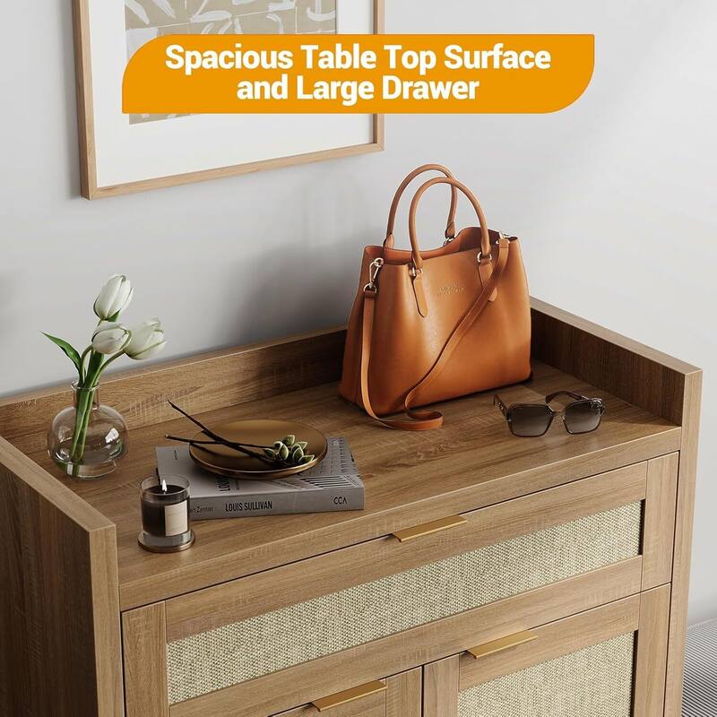 Farmhouse Rattan Shoe Cabinet with Storage for Entryway Living Room Closet Hallway