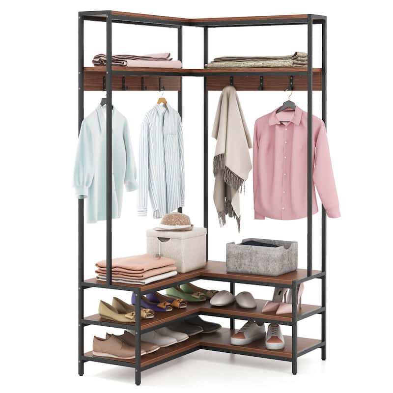 Costway Corner Garment Rack L-shaped Clothes Rack with Open Shelves & - See Details - Walnut