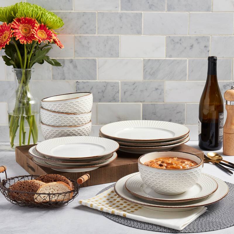 Tabletops Gallery Monroe 12PC Embossed Ivory Round Dinnerware Set - N/A