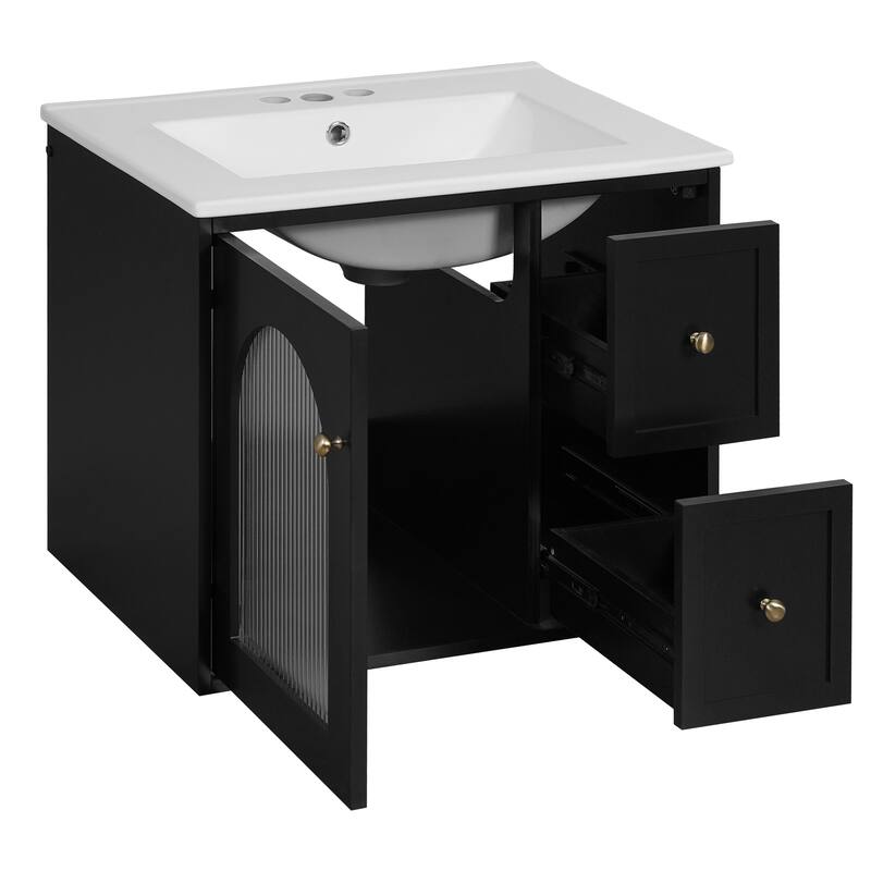 24" Bathroom Vanity Set Wall Mounted for Small Space, Bathroom Cabinet with Ceramic Sink, 2 Drawers and 1 Soft-Close Door