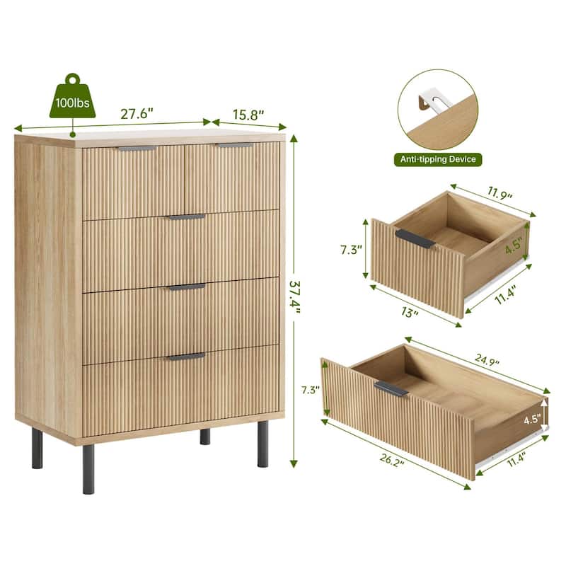 3/5/6 Drawer Fluted Dresser for Bedroom, Modern Wide Chest of Drawers with Metal Legs