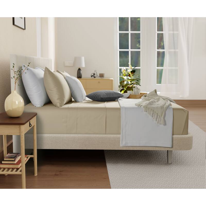 100% Organic Cotton 300 Thread Count Bed Sheets,Cool Soft Breathable No Pill Elasticated Luxury Bedding - King - Tan