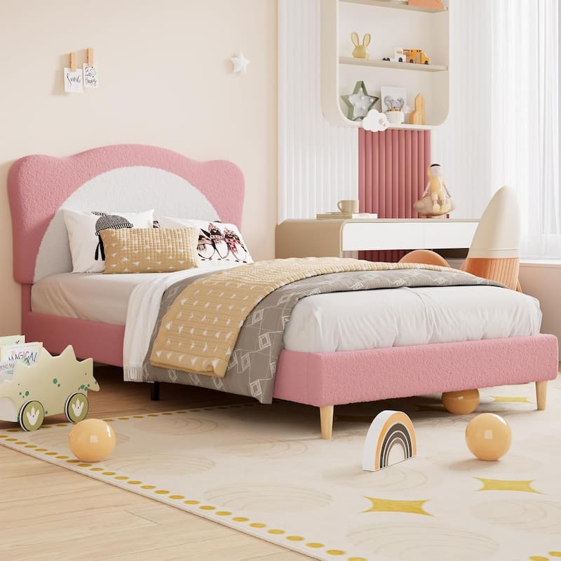 Velvet Kids Bed Frame with Adjustable Scallop Headboard, Princess Style Platform Bed, Solid Wood Slats