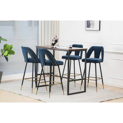 Contemporary Velvet Upholstered 28" Bar Stool and Counter Stools with Nailheads Gold Tipped Black Metal Legs (Set of 2), Blue
