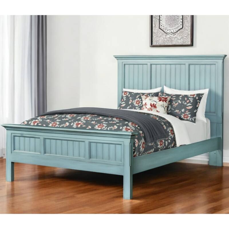 HomeRoots Blue Carved Geometric Distressed Solid Wood King Bed Frame - King
