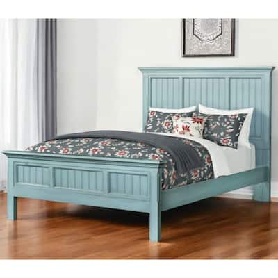 HomeRoots Blue Carved Geometric Distressed Solid Wood King Bed Frame
