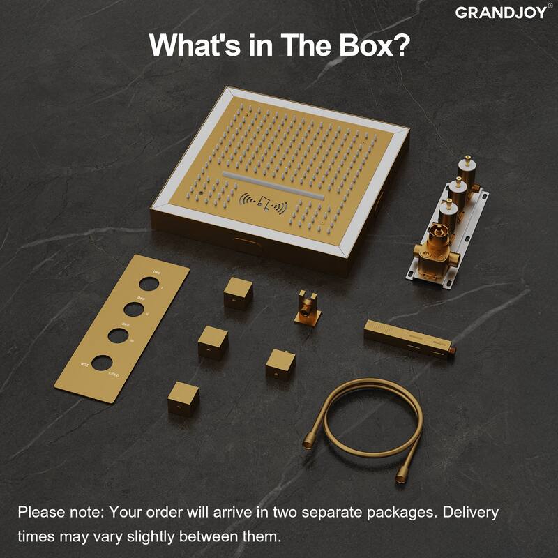 GRANDJOY Thermostatic LED Rain and Waterfall Shower System with Handheld, Built-In Music Function