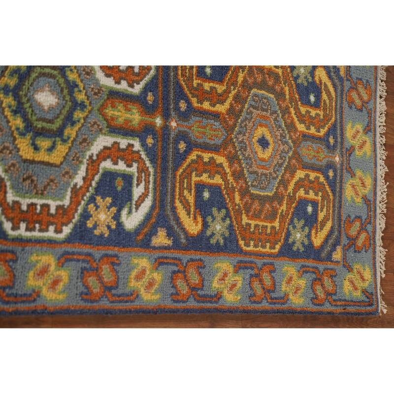 Blue Geometric Kazak Indian Runner Rug Handmade Wool Carpet - 2'7"x 9'9"