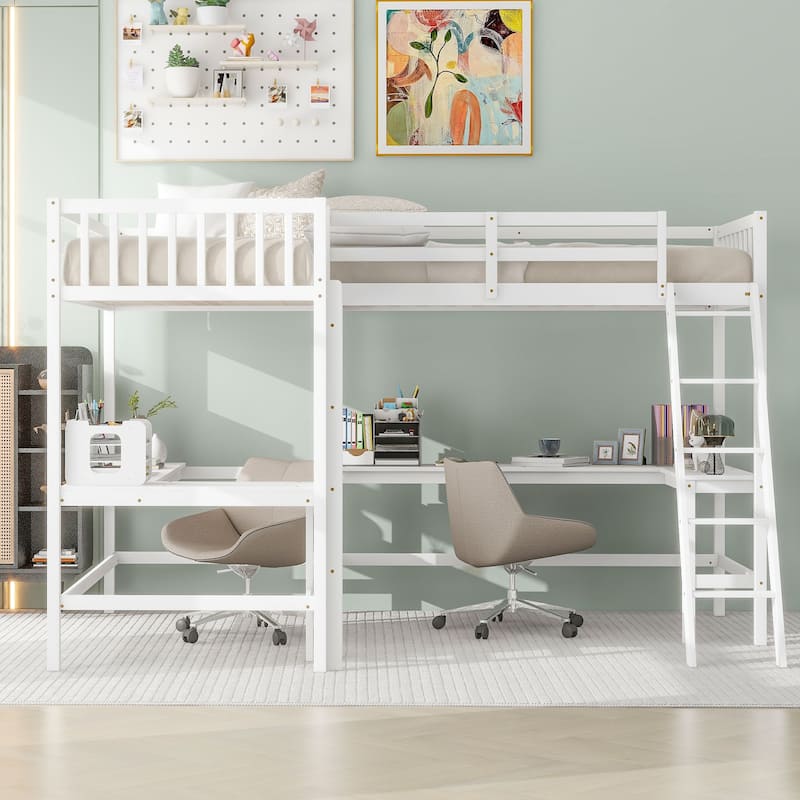 Twin Size L-Shaped Loft Bed with Ladder and 2 Built-in Desks, White