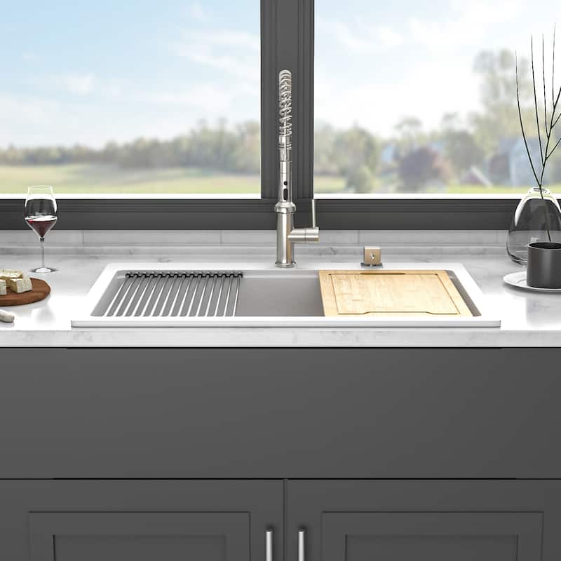 Quartz Kitchen Sink - 33" x 22" x 9.65" White granite composite Workstation Drop-in kitchen sink