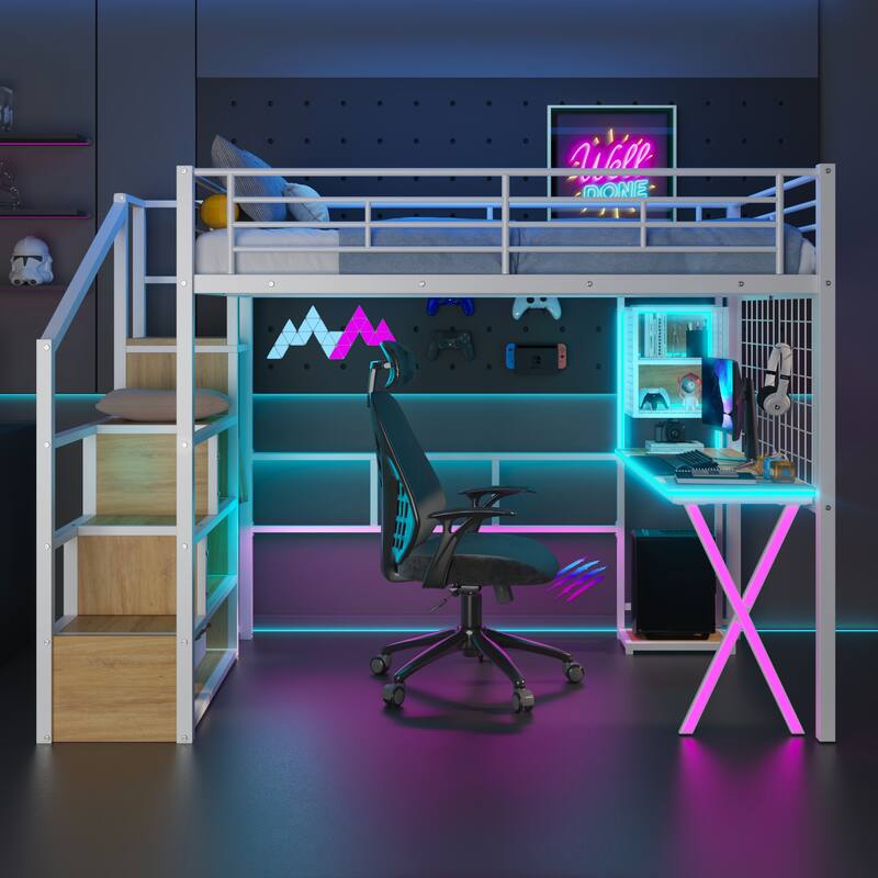 Space Saving Metal Loft Bed with Work Station,Wardrobe,LED Lights,Storage Staircase