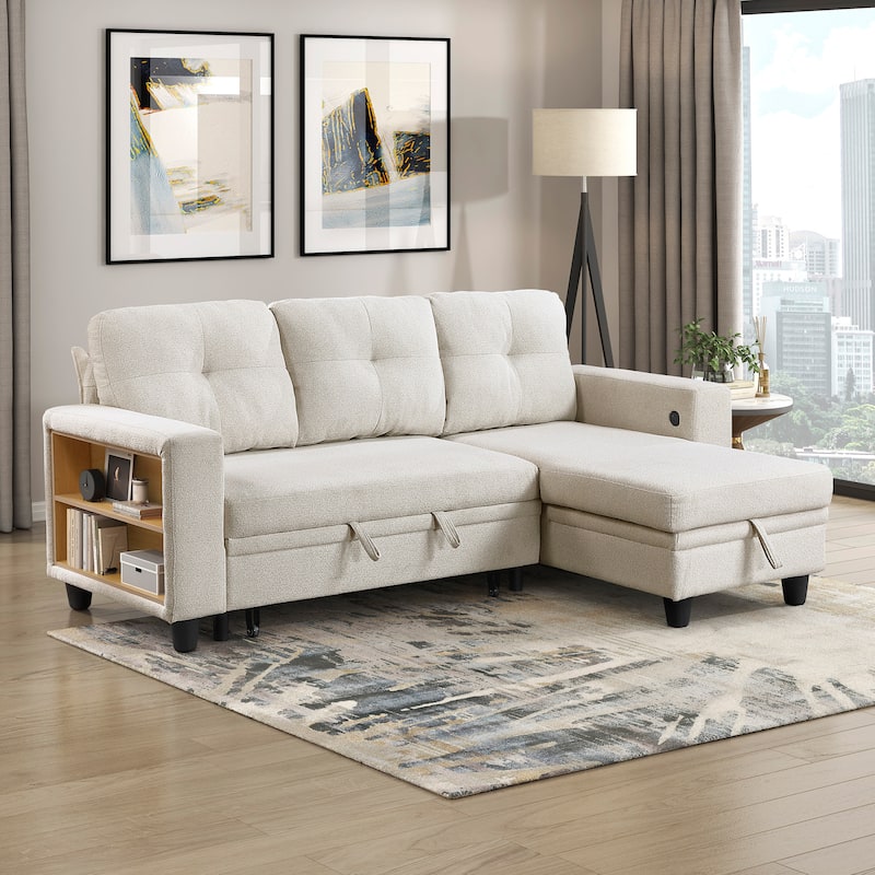 Hazel Boucle Sectional Sofa - Reversible Chaise, Pull-out Bed, Shelves