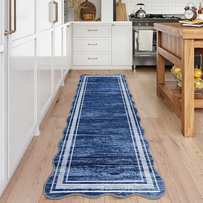 Washable Scalloped Area Rugs, Modern Bordered Living Room Rugs for Bedroom