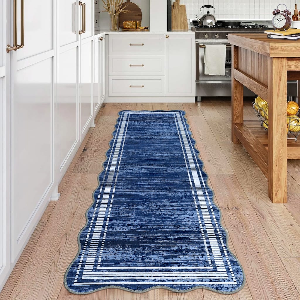 Washable Scalloped Area Rugs, Modern Bordered Living Room Rugs for Bedroom