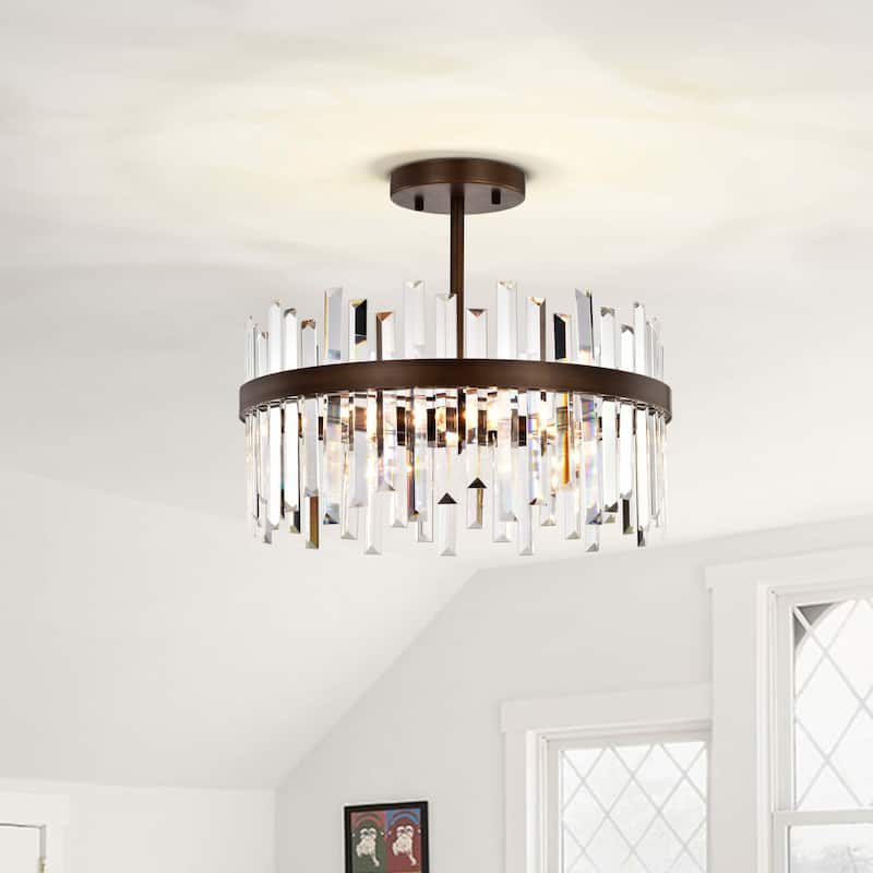 Casandra Glossy Brass 5-Light Drum Crystal Glass Flush Mount - Bronze