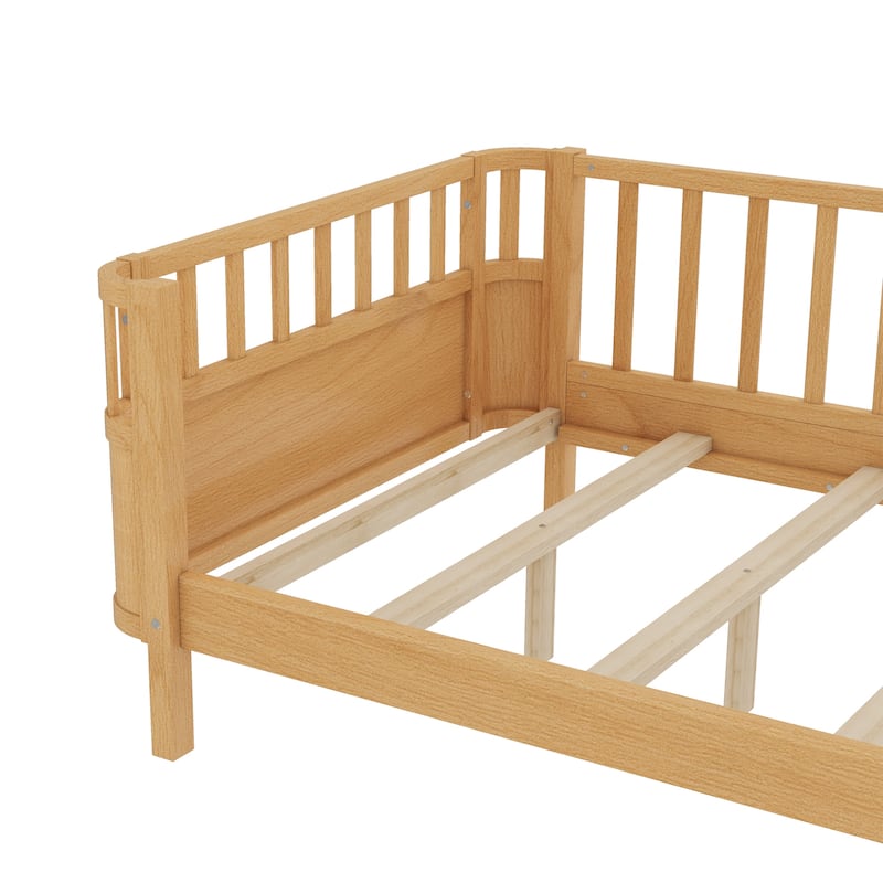 Multi Size Low Platform Bed for Kids with Rounded Corners Guardrails, Detachable Right-side Fence and Open Left-side Design