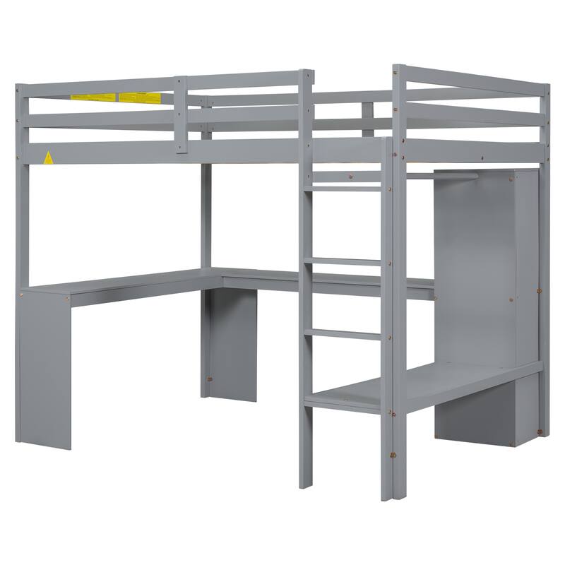 Solid Wood Loft Bed with L-shaped Desk and Storage Shelves
