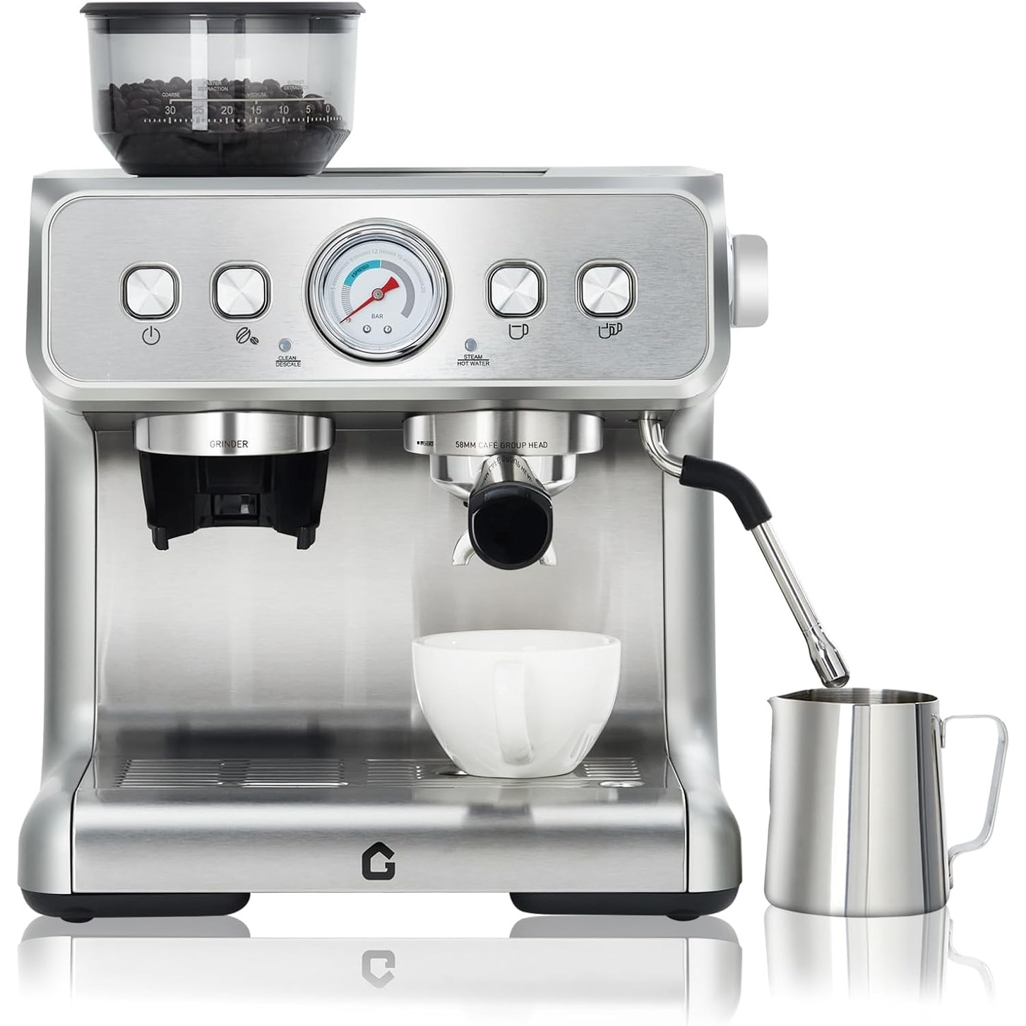 Stainless Steel Espresso Machine with Grinder & 20 Bar Pressure, 2.8L Removable Water Tank