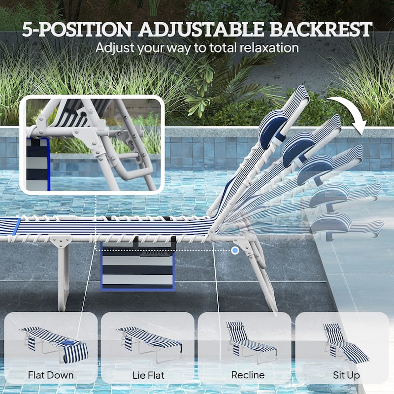 Outsunny Tanning Chair Set of 2 with Face Hole, Side Table, 5-Position Reclining Folding Chaise Lounge Chair