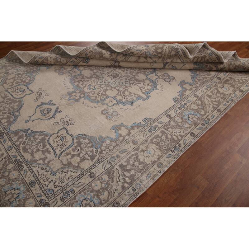 Distressed Tabriz Persian Area Rug Handmade Vintage Wool Carpet - 6'5" x 9'4"