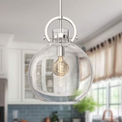 YANSUN 1-Light Pendant Light with 14-Inch Round Globe Shade in Nickel Finish, Clear Glass, for Modern and Industrial Interiors