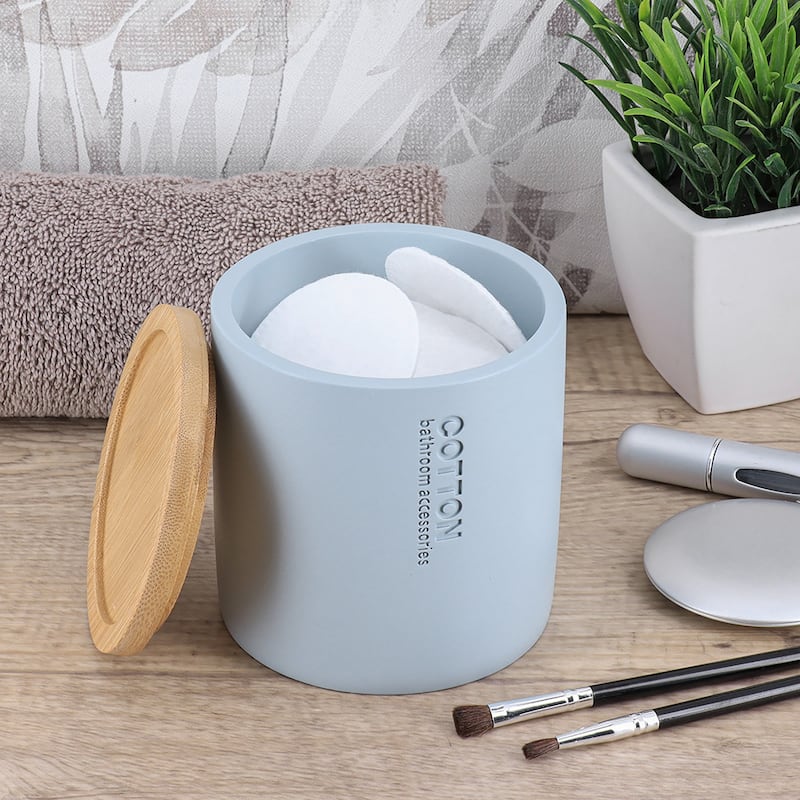 Sleek Cotton Pad Holder - Polyresin Bathroom Storage Container with Bamboo Lid - 4 L x 4 W x 4.6H