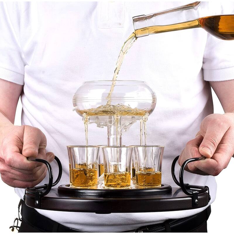 Shot Glass Dispenser with 6 Glasses - Wood Tray