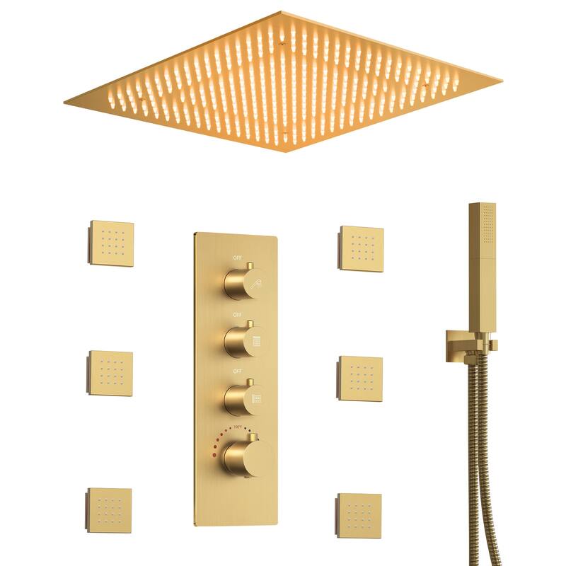 Thermostatic Shower System with 20'' LED Rainfall Head, Body Jets, Handheld Spray and Remote-Control Lighting - 20*20