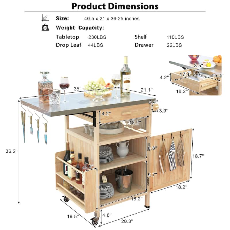 40.5" Outdoor Grill Cart with Stainless Steel Top,Solid Wood Outdoor Storage Cabinet with Drop Leaf - N/A