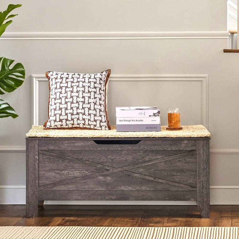 30/43.3 Inch Multi-Purpose Ottoman with Storage Flip Top Ottoman Bench with Hand Weave Poufs Padded for Bedroom Living Room
