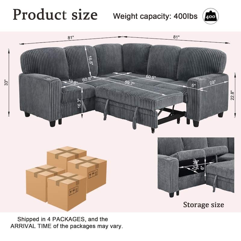 81" L-Shaped Corduroy Sectional Sofa with Pull-Out Bed