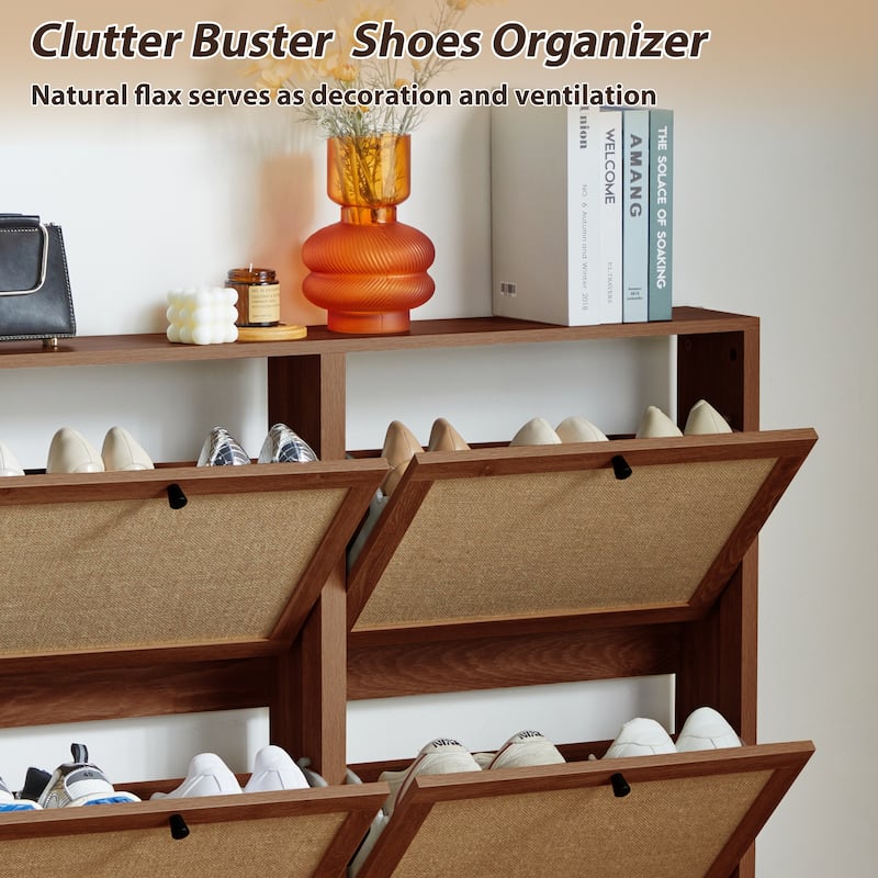 16 pairs Wooden Shoe Storage Cabinet with 4 Flip-up Drawer