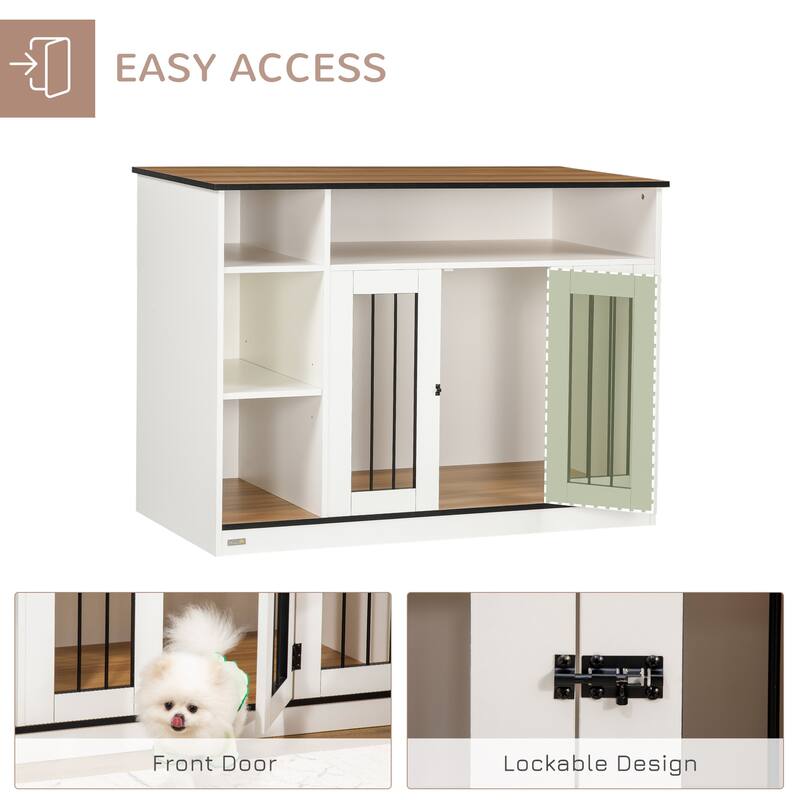 White Steel and MDF Dog Crate Side Table with Lockable Door Adjustable Shelves and Large Tabletop