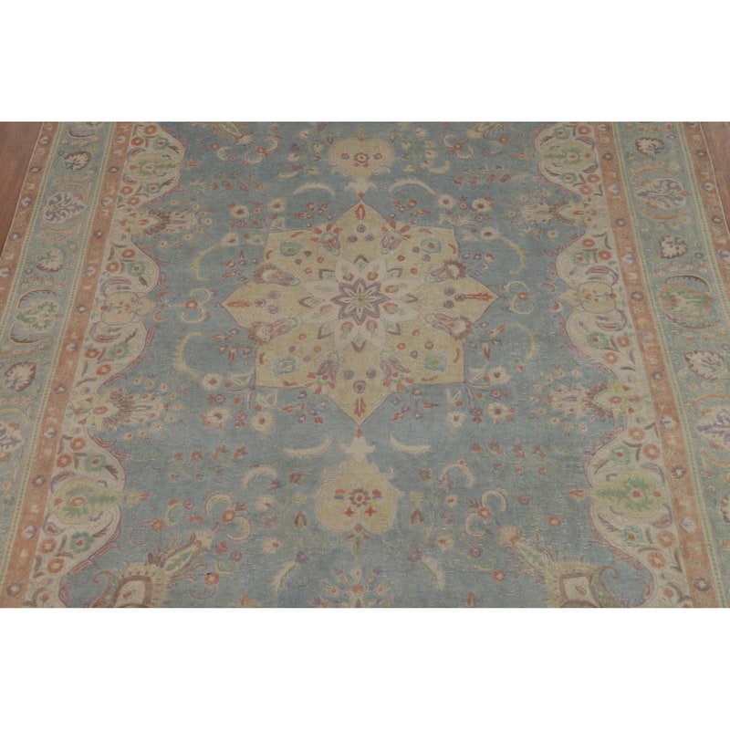 Blue Tabriz Persian Vintage Rug Hand-Knotted Wool Carpet - 9'9" x 13'1"
