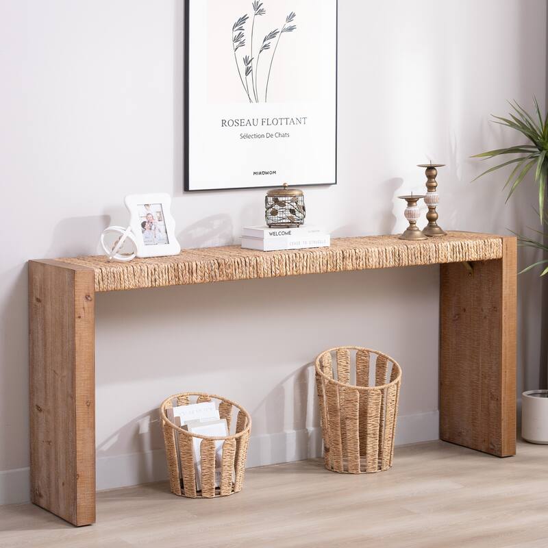 69" Natural Seagrass Console Table - Handwoven Top with Engineered Wood Frame
