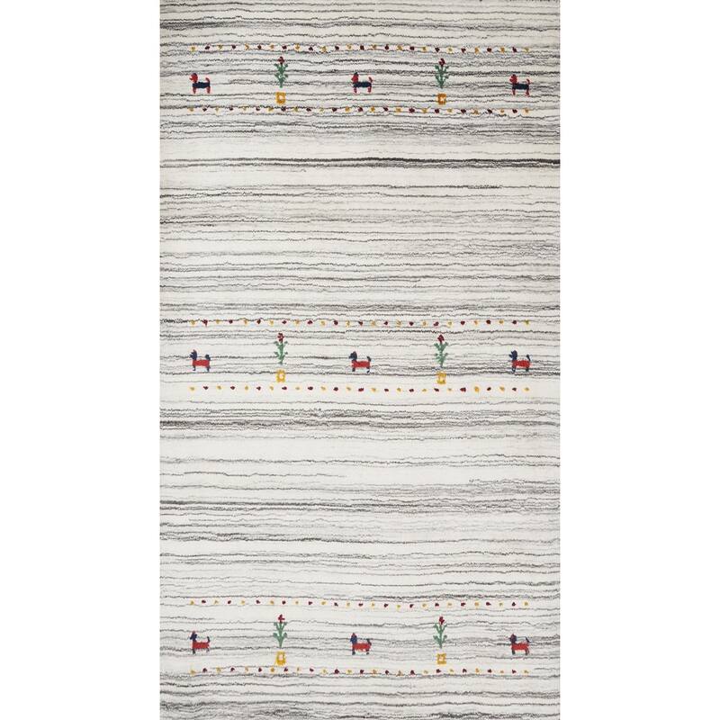 Hand Knotted Oriental 100% Wool Carpet Tribal Animal Pictorial Beige & Ivories Gabbeh Area Rug - 4' 11'' X 3' 0''
