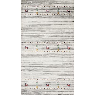 Hand Knotted Oriental 100% Wool Carpet Tribal Animal Pictorial Beige & Ivories Gabbeh Area Rug - 4' 11'' X 3' 0''
