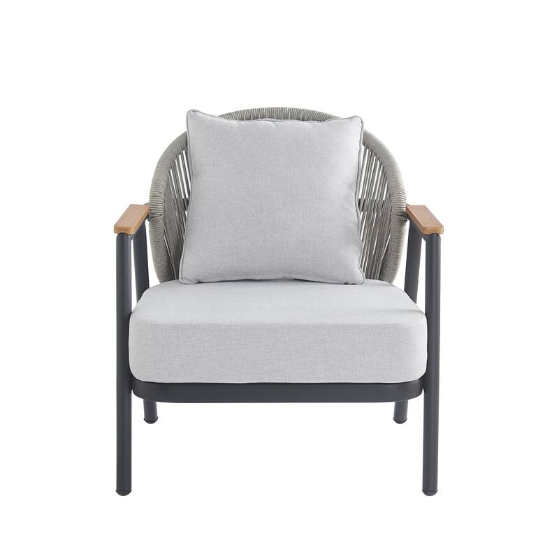 Roomfitters Orla Outdoor Rope Club Chairs with Plastic Wood Armrests and Cushions, Grey Finish
