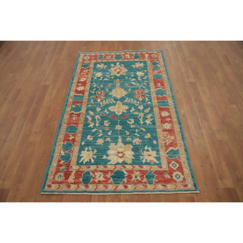 Hand Knotted Oriental 100% Wool Carpet Transitional All-Over Green Oushak Area Rug - 5' 3'' X 3' 1''