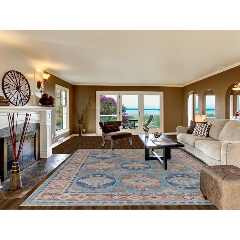 Hand Knotted Oriental 100% Wool Carpet Transitional Geometric Navy Blue & Blues Oushak Area Rug - 12' 1'' X 9' 5''